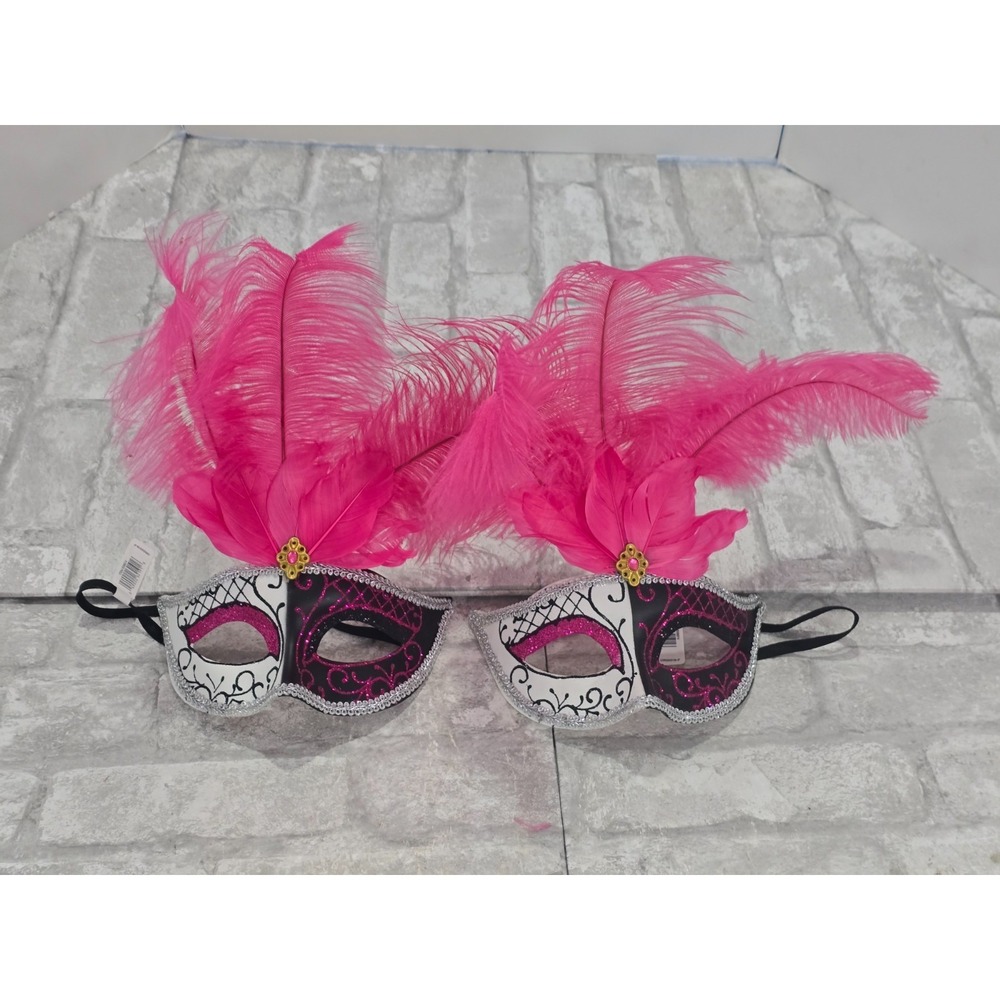 Masquerade Half Masks Black Silver‎ Pink Feathers Lot of 2 Adult NWT